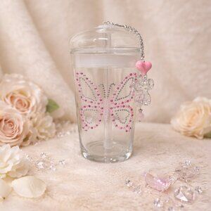 Handmade Pink Rhinestone Butterfly Tumbler with Charms – Personalized Option